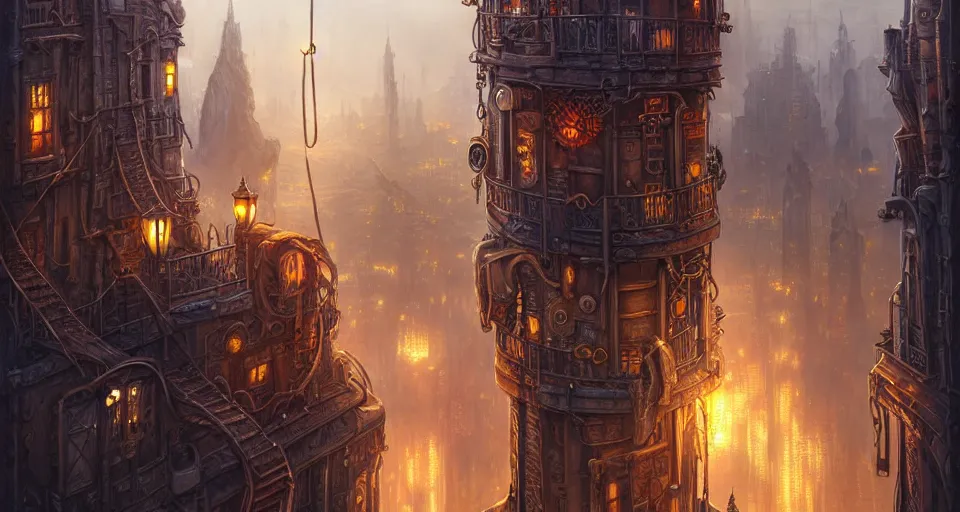 Image similar to landscape painting of fantasy metal steampunk city with walkways and lit windows and a hooded thief in browns leathers climbing one of the tall buildings using a rope, fine details, magali villeneuve, artgerm, rutkowski