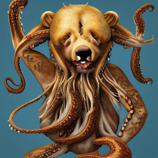 Image similar to high plausibility animal, ursine bear body, octopus limbs, 🐙 head and face, octobear, fierce chimera beast, cinematic painterly digital art, 4 k, 8 k