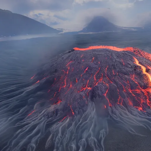 Image similar to A photorealistic aerial view of an active volcano, with lava flowing down its sides and billowing clouds of smoke and ash rising into the sky, rendered in unreal engine, trending on artstation, 8k resolution, 4k video, shot on a drone, drone footage, heavily detailed, bloom effect, rendered in octane, professional grade, professional photo.