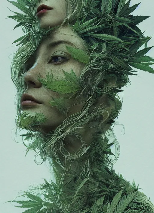 Image similar to Beautiful Female creature made of pot leaves, marijuana, watercolor, dramatic lighting, cinematic, establishing shot, extremely high detail, foto realistic, cinematic lighting, pen and ink, intricate line drawings, by Yoshitaka Amano, Ruan Jia, Kentaro Miura, Artgerm, post processed, concept art, artstation,