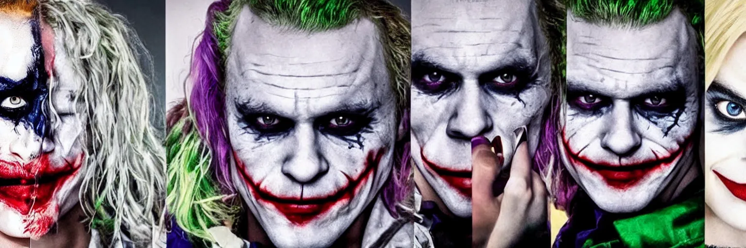 Image similar to heath ledger as the joker on the left, margot robbie as harley quinn on the right, cinematic, close up, anomorphic lens, low lighting