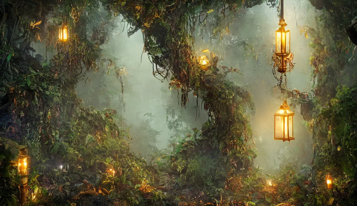 Prompt: jungle, path, lanterns, stars, torches, fireflies, bioluminescence, fire, fog, insane details, intricate, elite, ornate, elegant trend, highly detailed and intricate, sharp focus, photography, unreal engine, trending on artstation, photorealistic, octane, hyper detailed, trending on deviantart,