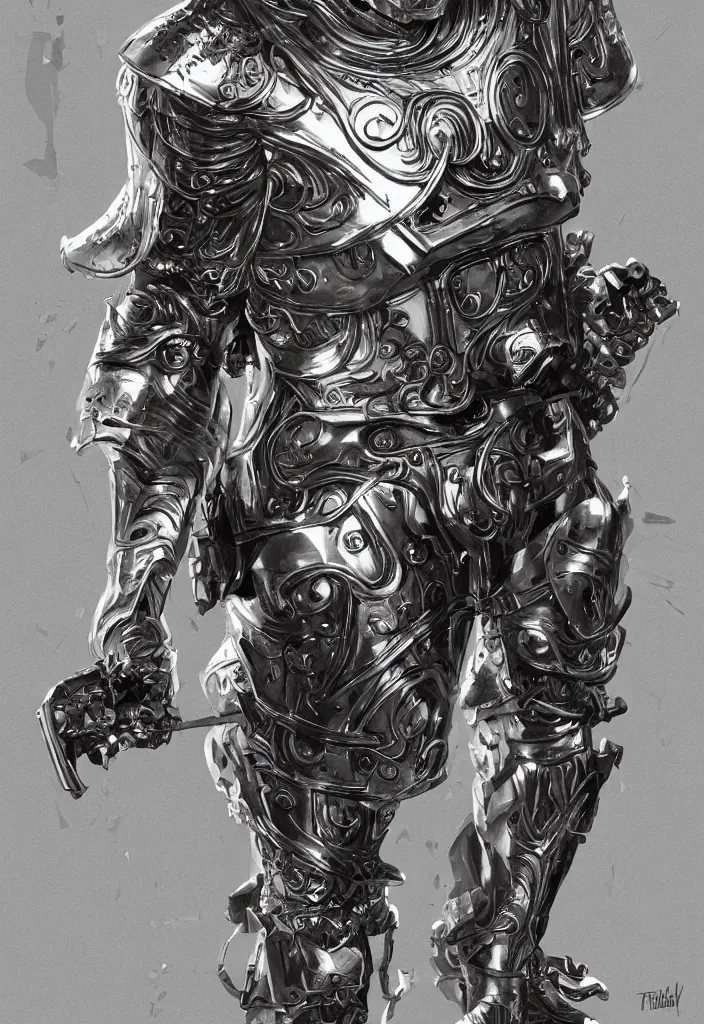 Image similar to powerful male tin man, willem dafoe as tinman, full body character concept, covered in full metal armor, art nouveau, super powers, fantasy, intricate, elegant, highly detailed, digital painting, artstation, concept art, shining, sharp focus, illustration, art by stanley lau