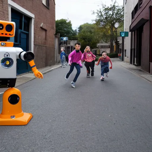 Image similar to in the style of 1960s, A scary robot is chasing after a couple of kids down the ally