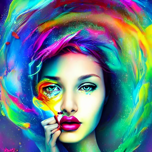 Image similar to ultra detailed digital art painting of a woman's face with colorful hair, digital art by alberto seveso, cyril rolando, behance contest winner, psychedelic art, psychedelic, fractalism, poster art