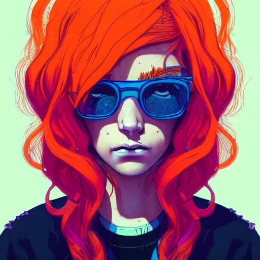 Image similar to portrait painting of a teenage girl with swept back wild orange hair and punk clothes, sharp focus, award - winning, trending on artstation, masterpiece, highly detailed, intricate. art by josan gonzales and moebius and deathburger