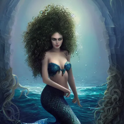 Prompt: beautiful mermaid with curly hair, magical details, magical atmosphere, cinematic lighting, hyper - detailed, cgsociety, 3 - d 8 k, high resolution, in the style of charlie bowater, tom bagshaw, alexis franklin, elena masci, pawel rebisz