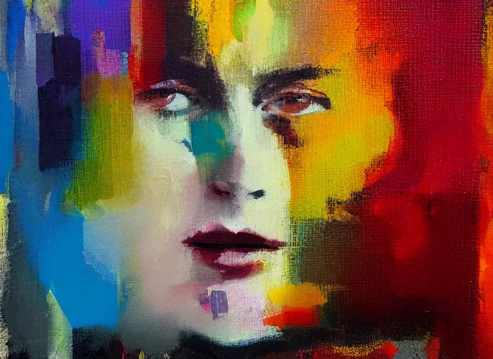 Image similar to portrait in the style of Gerhard Richter, palette knife, paint, blurred, chromatic dispersion
