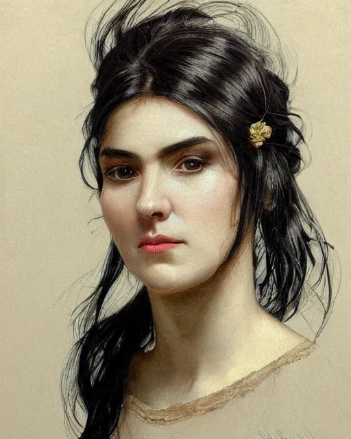 Image similar to portrait of a tall 4 0 - year - old woman with thin lips, long, lush black hair gathered on the head bun, and thick eyebrows, wearing in black clothes, aristocratic appearance, hyper realistic face, beautiful eyes, close up, fantasy art, in the style of greg rutkowski, intricate, alphonse mucha, hyper detailed, smooth