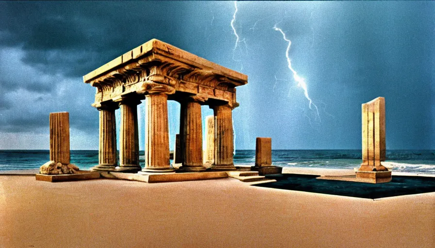 Image similar to A 1985 vintage magazine architecture photo of a beach doric temple, mediterranean architecture, refracted lines and sparkles, thunderstorm outside, beach on the background major arcana sky and occult symbols, hyperrealistic, award-winning, 1985