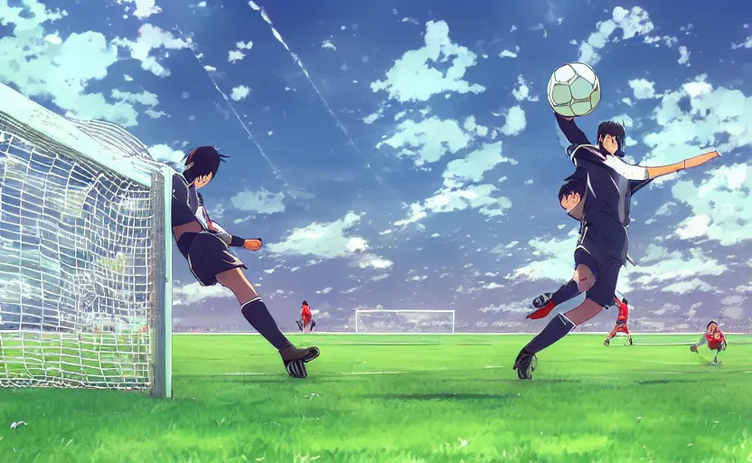 Prompt: An obese goal keeper saving a penalty, soccer game, anime scenery by Makoto Shinkai, digital art