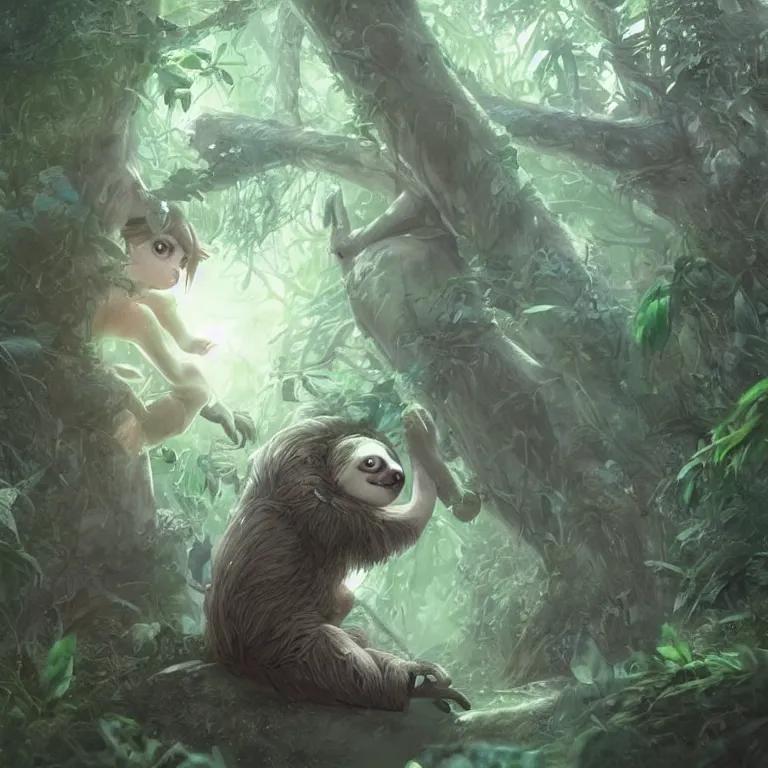 Prompt: A playful cute sloth talking to a shy fairy. award winning. superb resolution. in the art style of junji Ito and greg rutkowski. Detailed dark forest in background. Hyper realistic anime. Perfect art.