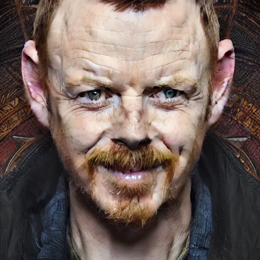 Image similar to portrait painting of simon pegg smiling like a winner with a winchester, ultra realistic, concept art, intricate details, eerie, highly detailed, photorealistic, octane render, 8 k, unreal engine. art by artgerm and greg rutkowski and alphonse mucha