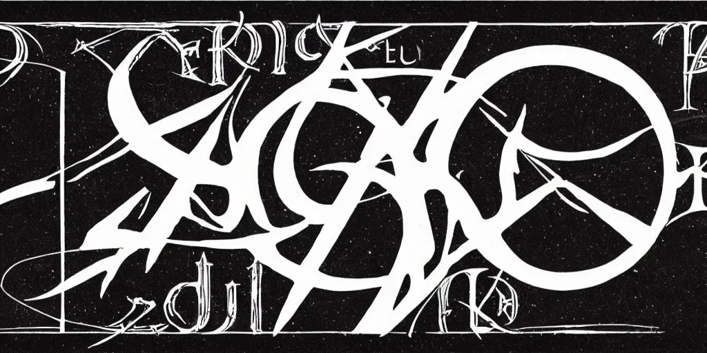 Image similar to Ellus logo, 70s progressive rock logo, typography, Rush band, Tool band, Eloy band, white font on black canvas