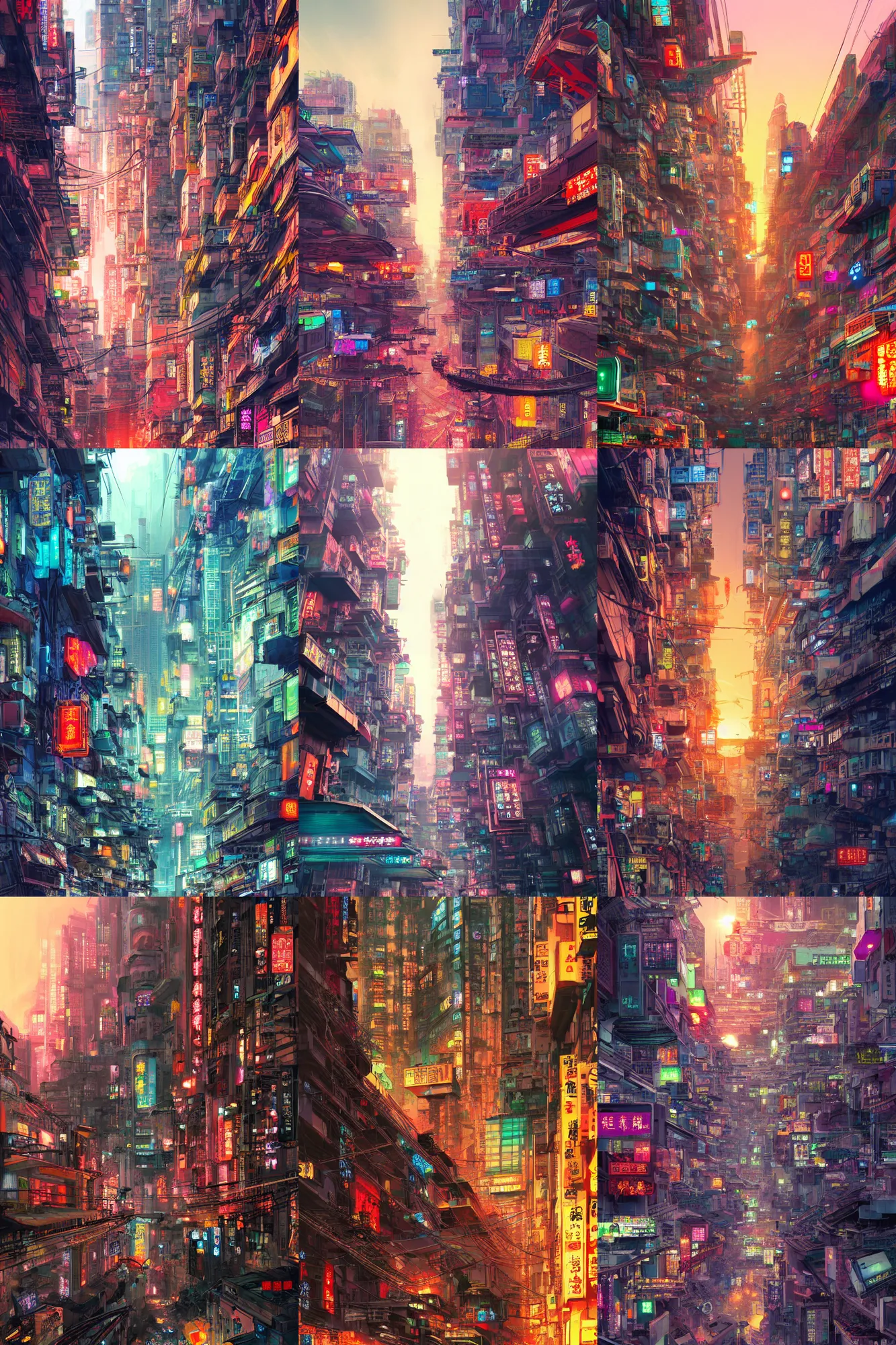 Prompt: colorful cyberpunk futuristic hongkong, lots of building, lots of bridges, lots of chinese character signs, people on the ground, by yoshitaka amano, ultra detailed, sunset light, digital art, concept art, illustration