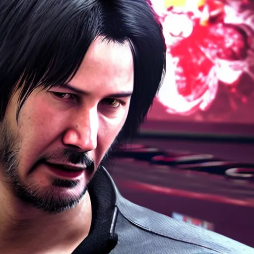 Image similar to Keanu Reeves as a character in Tekken, gameplay screenshot, photorealistic