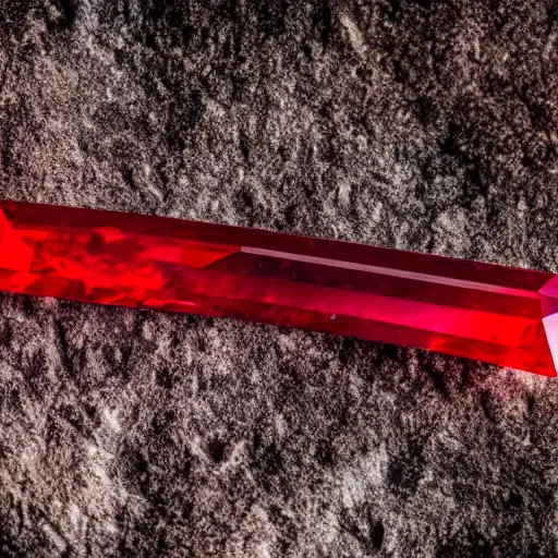 Prompt: a deep red, glowing, elongated crystal on a rock, film grain