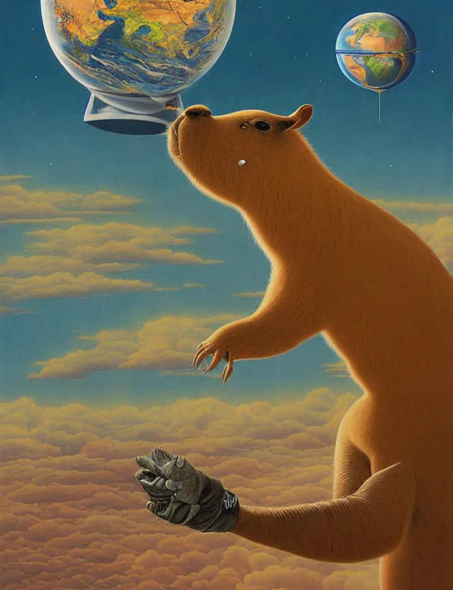 Prompt: beautiful detailed painting of a capybara in a spacesuit floating above earth by casey weldon by mark ryden by thomas blackshear