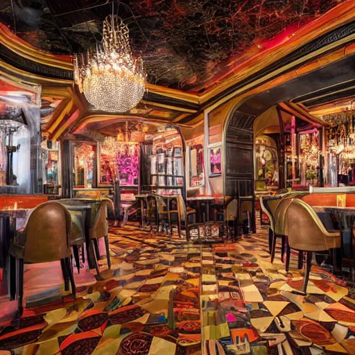 Image similar to architectural digest photo, inside an over the top highly themed restaurant based on the concept of hyper reality and depersonalization