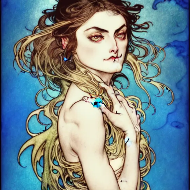 Image similar to in the style of artgerm, arthur rackham, alphonse mucha, phoebe tonkin, symmetrical eyes, symmetrical face, flowing blue skirt, hair blowing, intricate filagree, hidden hands, warm colors, cool offset colors