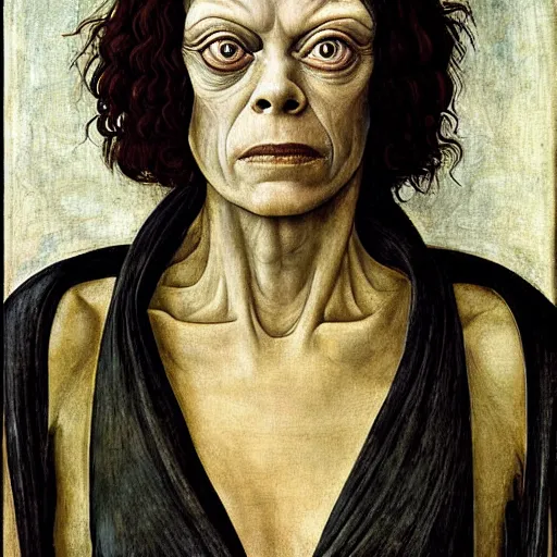 Image similar to sigourney weaver as gollum, elegant portrait by sandro botticelli, detailed, symmetrical, intricate