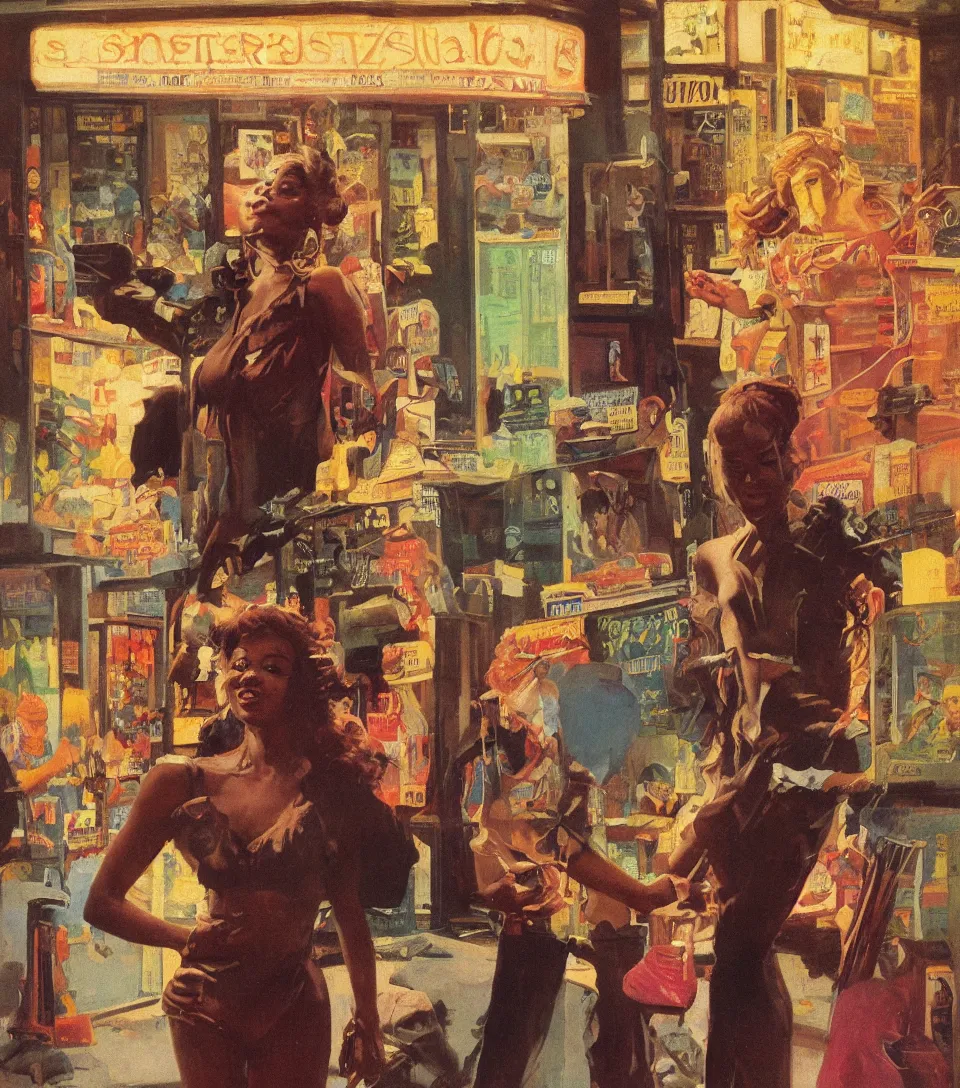 Image similar to standing portrait of ecstatic sza looking into the camera standing smoking a cigarette, summer, warm street lights store front, 1 9 6 0 s technicolor, intricate, moody, personal, highly detailed, short focus depth, donato giancola, joseph christian leyendecker, frank frazetta, alex horley, ralph horsley, michael whelan, 2 0 0 mm focal length