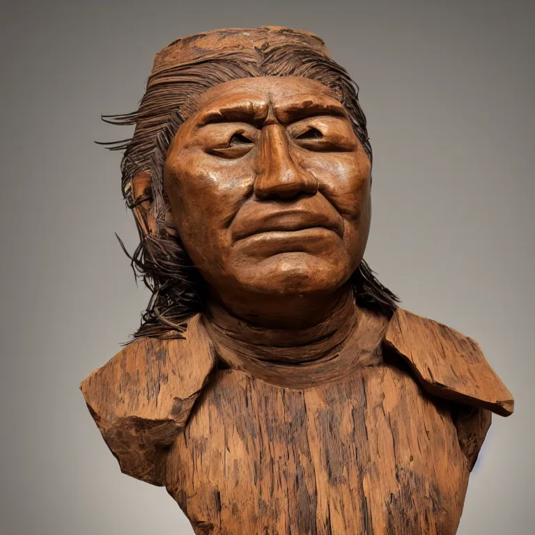 Prompt: public sculpture minimalist bust portrait of a powerful navajo man, beautiful symmetrical face accurate face detailed face realistic proportions, carved out of juniper wood on a pedestal by stephan balkenhol and martin puryear, hyperrealistic dramatic lighting shocking detail trending on artstation 8 k