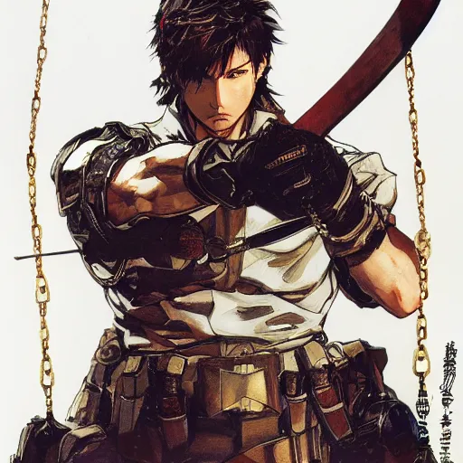 Image similar to portrait of a hero holding his sword in front of his face by yoji shinkawa, high quality, extra details, realism, ornate, colored, golden chain, blood, white skin, short hair, brown eyes, vivid, sunlight, dynamic, american man, freedom