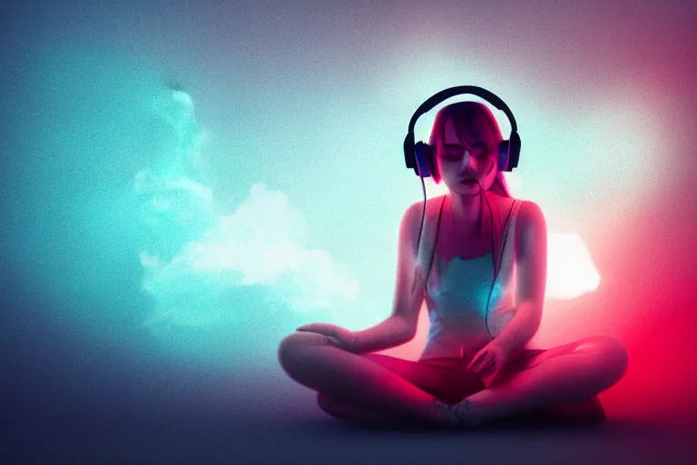 Image similar to a cute girl wearing headphones sitting on a cloud relaxing, misty, glows, blender render, hazy, foggy, red lighting, ambient lighting, 8 k, neon, synthwave, cyberpunk,