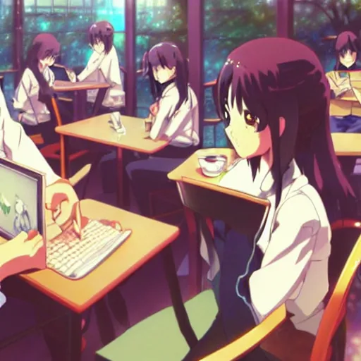 Image similar to makoto shinkai anime art, crowded cafe, typing on laptop, touhou project