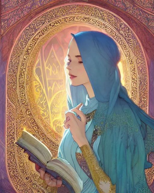 Image similar to an open quran highly detailed, gold filigree, romantic storybook fantasy, soft cinematic lighting, award, disney concept art watercolor illustration by mandy jurgens and alphonse mucha and alena aenami, pastel color palette, featured on artstation