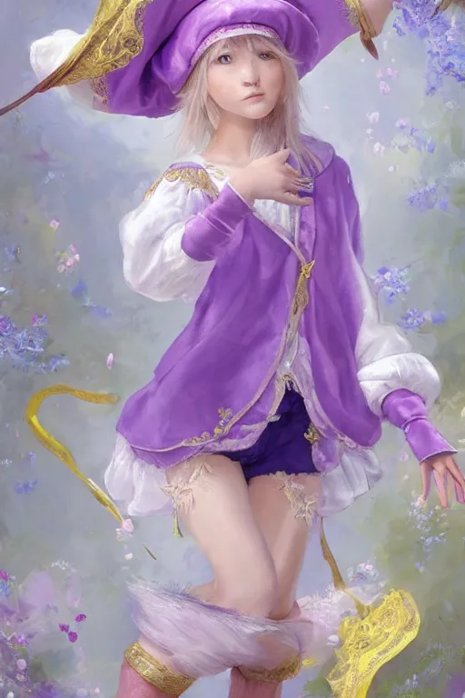 Image similar to Full View fairy maiden with short blond hair wearing an oversized purple Beret, Baggy Purple overall shorts, Short Puffy pants made of silk, silk shoes, a big billowy scarf, Golden Ribbon, and white leggings Covered in stars. covered in embroidery. Short Hair. peasant magic. masterpiece 4k digital illustration by Ruan Jia and Mandy Jurgens and Artgerm and william-adolphe bouguereau, award winning, Artstation, art nouveau aesthetic, Alphonse Mucha background, intricate details, realistic, panoramic view, Hyperdetailed, 8k resolution, intricate art nouveau