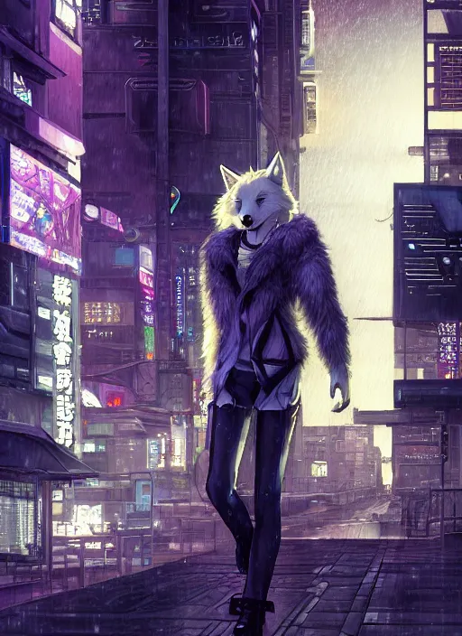 Image similar to character portrait of a male anthro albino wolf fursona with a tail and a cute beautiful attractive detailed furry face wearing stylish cyberpunk clothes in a cyberpunk city at night while it rains. hidari, color page, tankoban, 4K, tone mapping, Akihiko Yoshida.