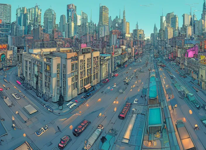 Image similar to wide view of a city, on the street, no cars. sharp focus, cinematic pose, cinematic lighting, unreal engine render. art by josan gonzales and moebius and deathburger.