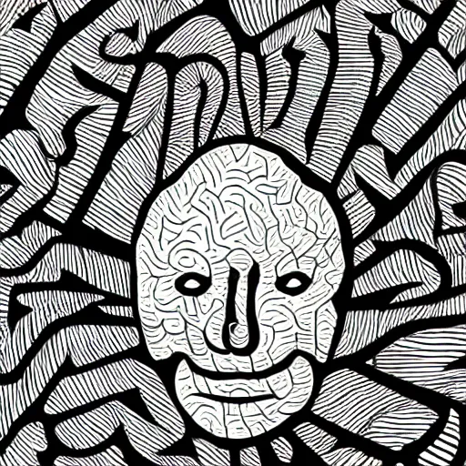 Prompt: A sly brain face mask corn maze brain, mad slowjazz style line art