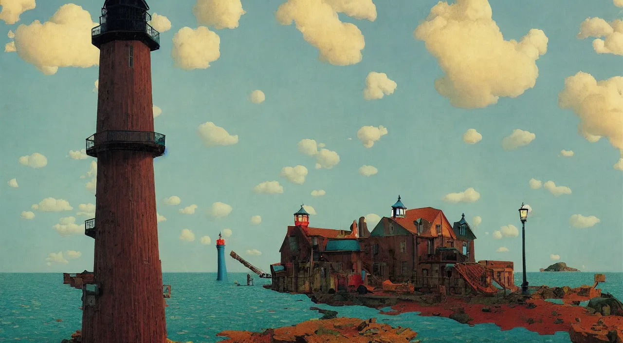 Prompt: single flooded! wooden ancient lighthouse, very coherent and colorful high contrast!! masterpiece by rene magritte simon stalenhag carl spitzweg syd mead norman rockwell edward hopper james gilleard, dark shadows, sunny day, hard lighting