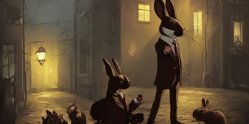 Image similar to rabbit wearing a tie is talking to a detective ferret in a dark alley, warm color palette, night time, dramatic lighting, noir film, character sheet, fine details, high contrast, blacksad, kim jung gi, greg rutkowski, trending on artstation, 8 k, front view, back view, ultra wide angle