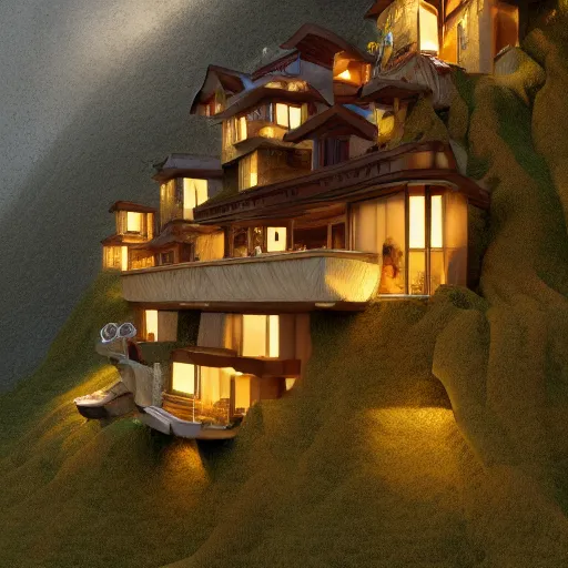 Image similar to small hillside house made of honey, modern lighting, hyper - realistic, hyper - detailed, 8 k, octane rendered, art nouveau, organic, flowing, impossible torsion, writhing, dynamic