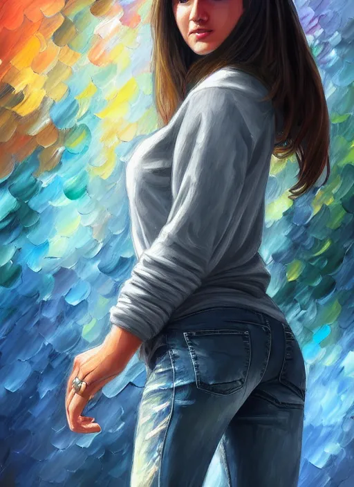 Image similar to jennifer anistan, gray hoodie, jeans, half body shot, path traced, highly detailed, high quality, digital painting, alena aenami, leonid afremov, lilia alvarado, shinji aramaki, karol bak, alphonse mucha, tom bagshaw