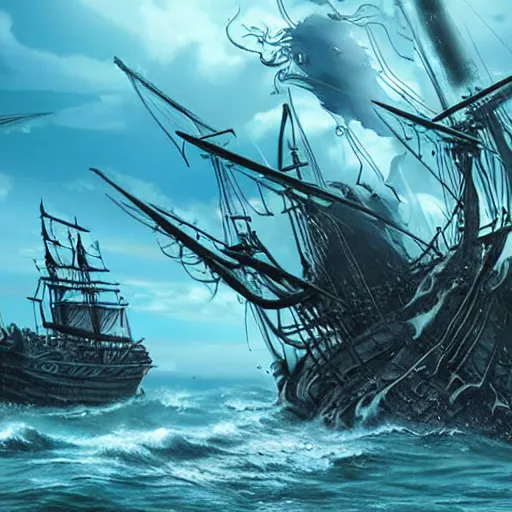 Prompt: kraken destroying a large galleon in the ocean photo realistic