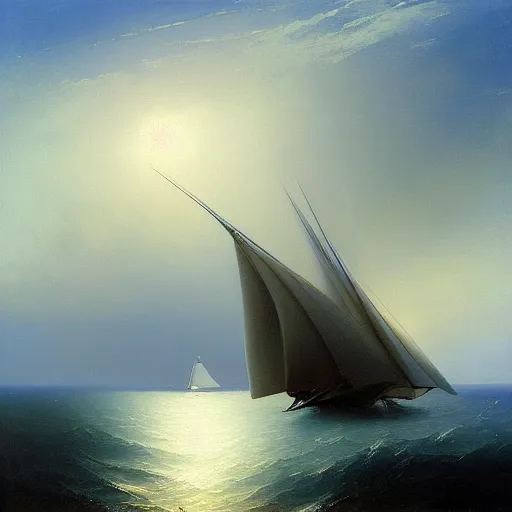 Prompt: minimalist futuristic zaha hadid sailboat painting by ivan aivazovsky