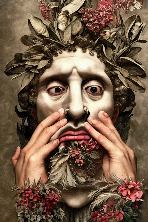 Image similar to Detailed maximalist portrait a Greek god with large lips and with large white eyes, exasperated expression, fleshy skeletal, botany, HD mixed media 3d collage, highly detailed and intricate, surreal illustration in the style of Caravaggio, dark art, baroque