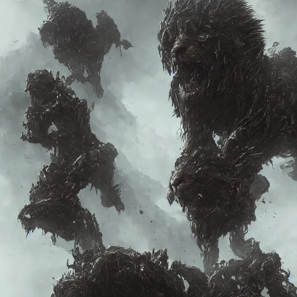 Image similar to Death Stranding Giant Lion BT Boss monster art, in the style of greg rutkowski, illustration, epic, fantasy, intricate, hyper detailed, artstation, concept art, smooth, sharp focus, ray tracing