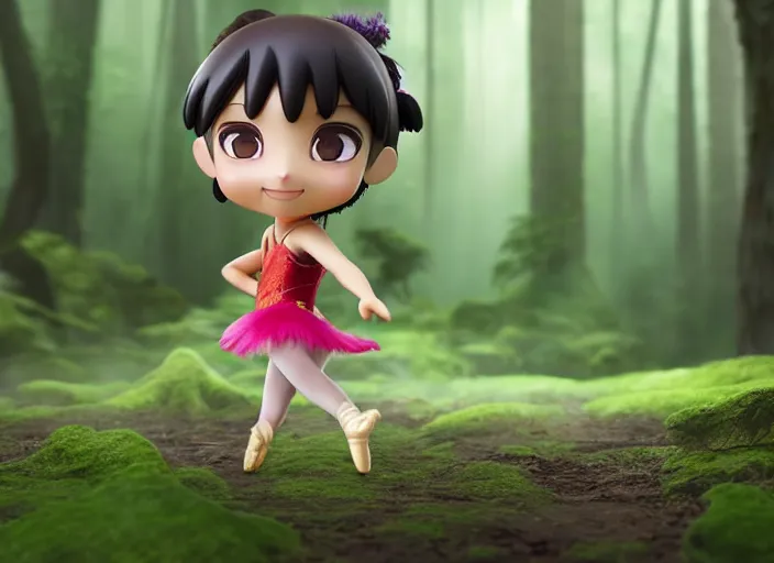 Prompt: chinese prima ballerina as nendoroid walking in a forest in the croods movie style, anime, disney, pixar, 8 k, hd, dof, kodak film, volumetric lighting, subsurface scattering, photorealistic, octane render, details