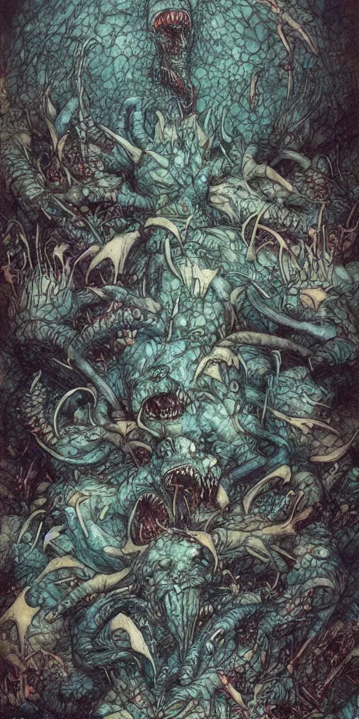 Image similar to kaiju attack tokyo by Brian Froud and James Jean, realistic materials, creepy, textures, postprocessing, iridescent, full of color, dark, horror, photorealistic, wide angle lens, unsettling