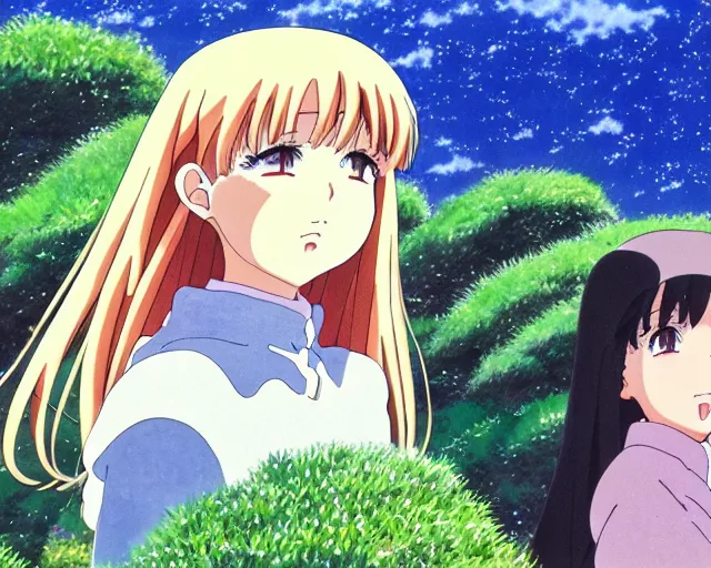 Prompt: anime fine details portrait of girls in landscape, bokeh. anime masterpiece by Studio Ghibli. 8k, sharp high quality classic anime from 1990 in style of Hayao Miyazaki, watercolor