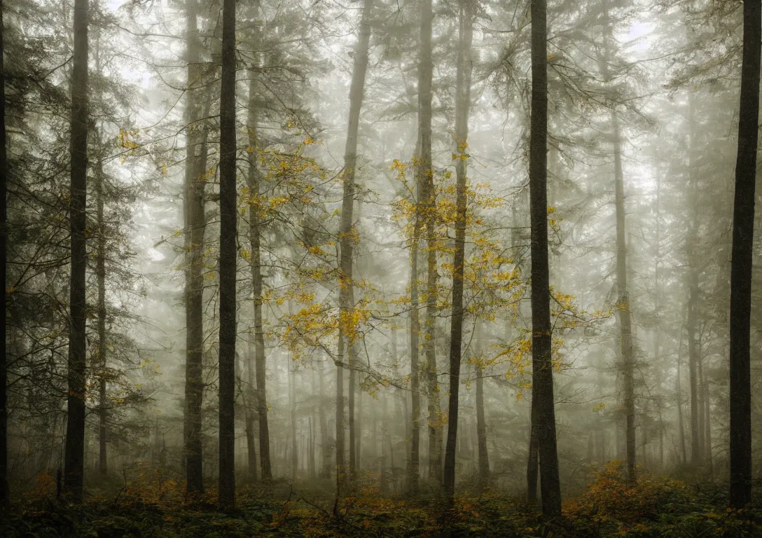 Prompt: a triangular golden bright structure in a foggy forest, detailed photography, dennis velleneuve, vivid colors, ultra realistic, 8 k, photography