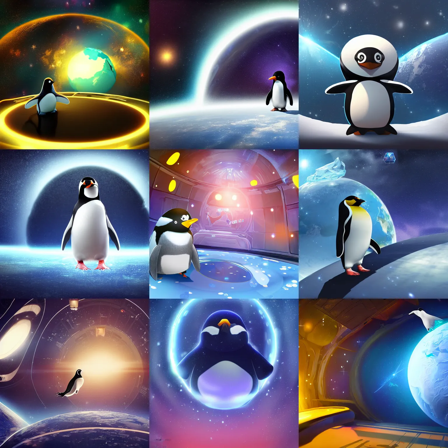 Prompt: magical penguin in a space station looking at the earth , realistic cinematic, volumetric lighting, centered, symmetrical, sharp focus, digital painting, mystical art, smooth, 4k