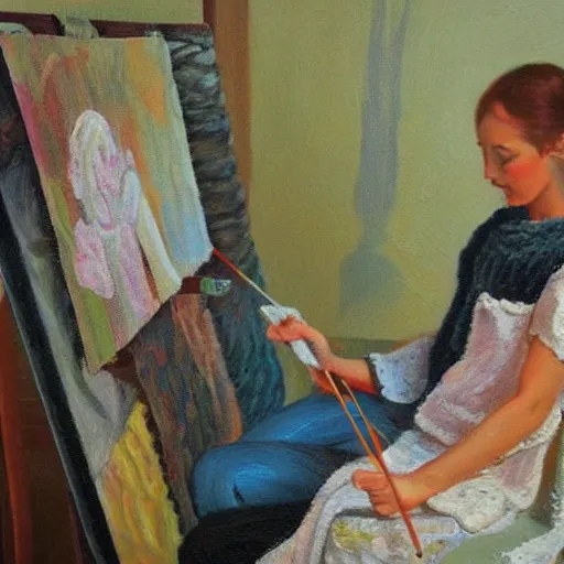 Image similar to painting young woman crochetting