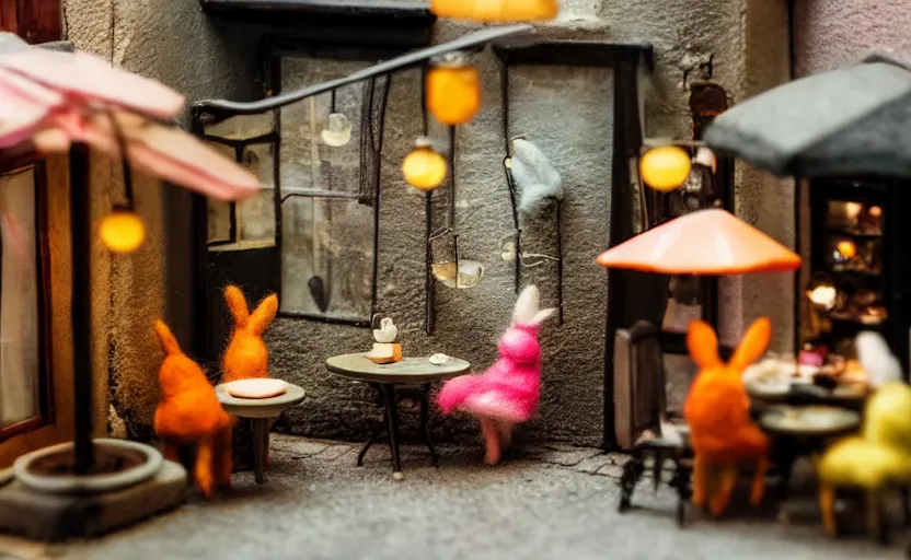 Image similar to miniature cafe diorama, macro photography, cafe with felted bunnies on a date, alleyway, ambient, atmospheric, british, cozy, bokeh, romantic, colorful lanterns